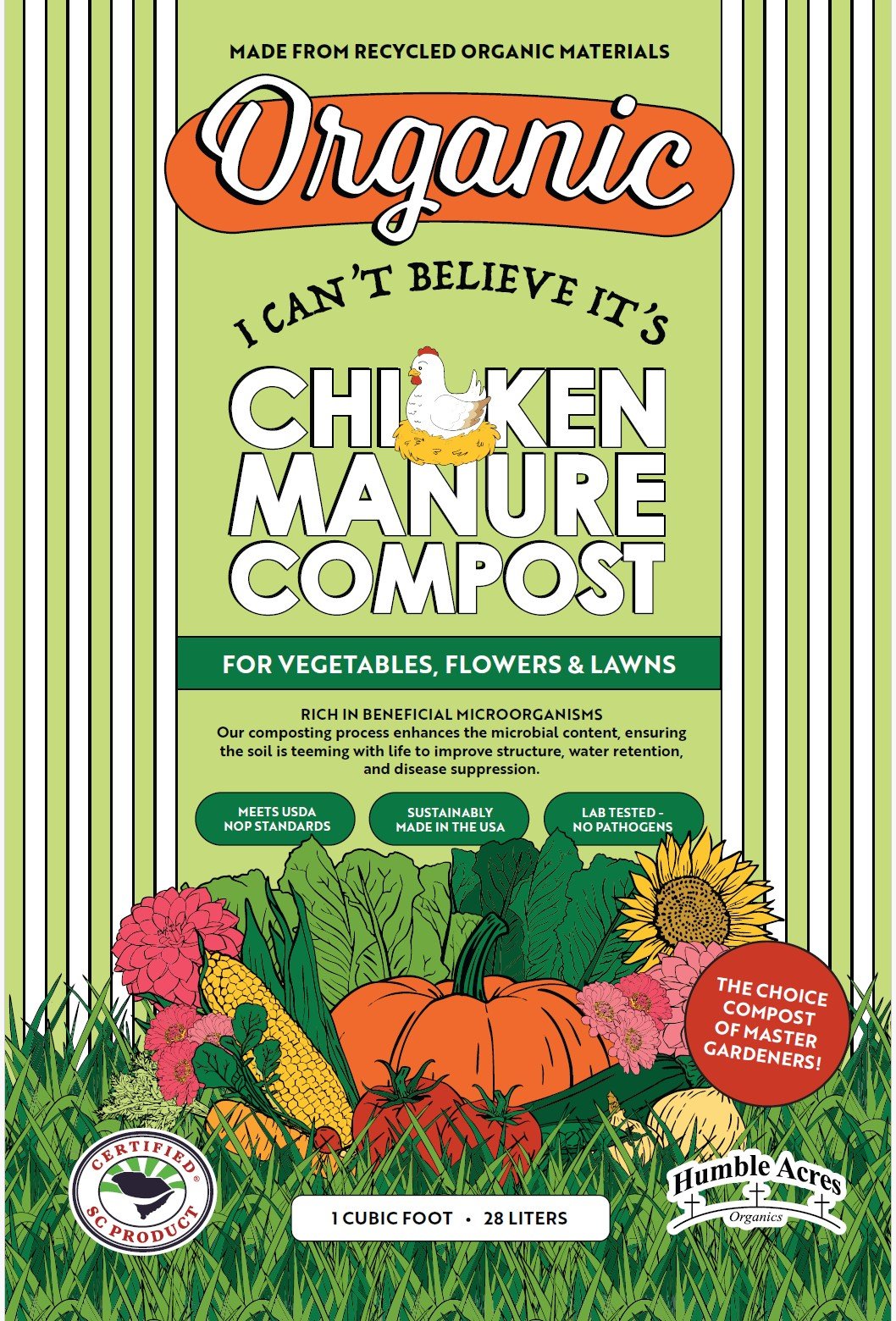NEW+I+Can't+Believe+Its+Chicken+Manure+Compost+Bag+Front+2 Organic chicken manure compost packaging designed for vegetables, flowers, and lawns, highlighting its benefits such as rich microbial content, improved soil structure, water retention, and disease suppression. Features USDA NOP standards, sustainable production in the USA, and lab-tested for safety.